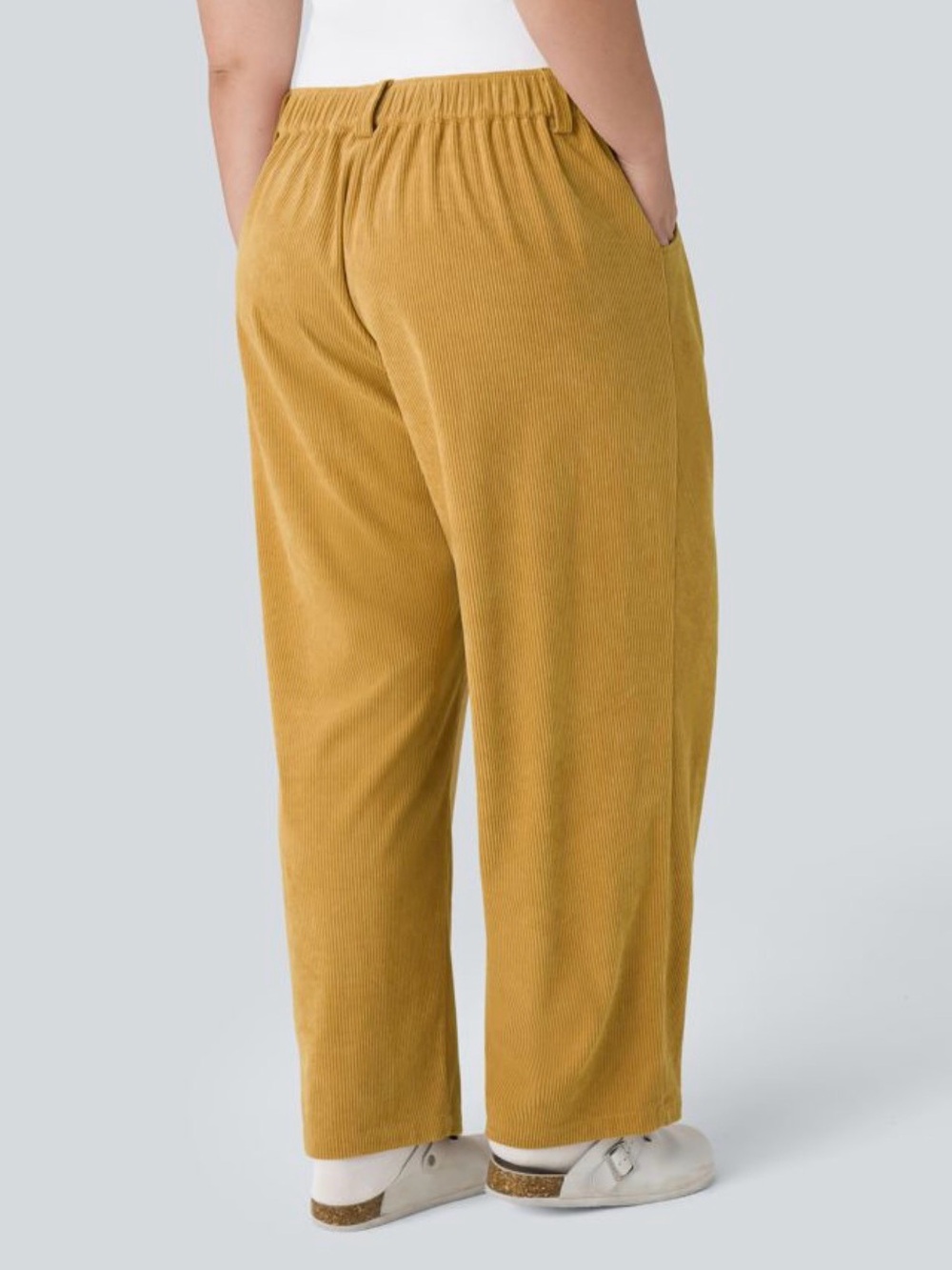 Halara Mustard Yellow Corduroy Wide Leg Pants XL Mid Rise Pleated Stretch Casual - Picture 3 of 12
